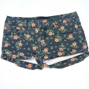 Clock House Black with Pink Floral Print Denim Shorts